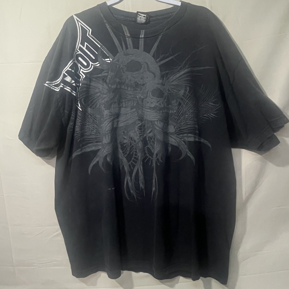 Vintage Tapout Black Double Skull AOP Graphic Shirt Mens Size 2XL Y2K Grunge